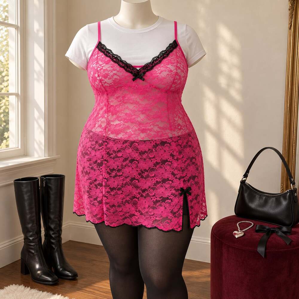 George Hot Pink Sheer Lace Slip Chemise 2X Black Bow Coquette Y2K Style